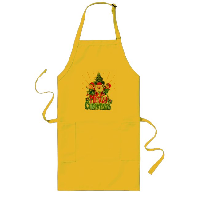 "Merry Christmas  - Festive Santa & Elves De Long Apron (Front)