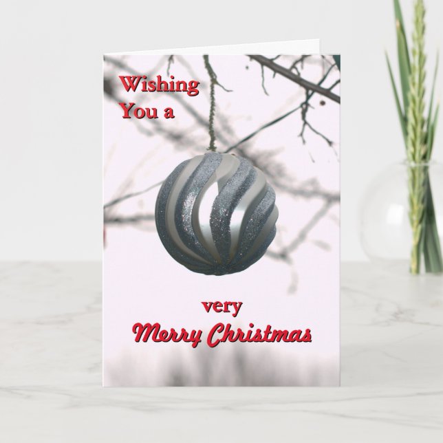 Merry Christmas Festive Silver Ball Ornament Holiday Card (Front)