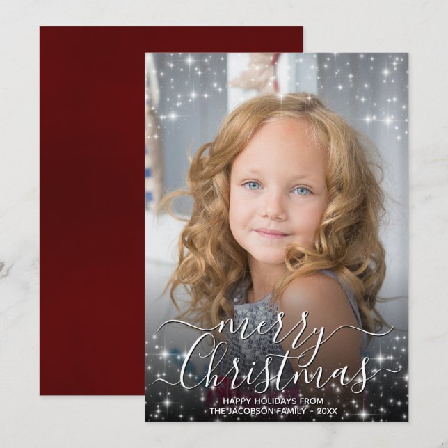 Merry Christmas Festive Sparkles Photo Overlay Red Holiday Card (Front/Back)