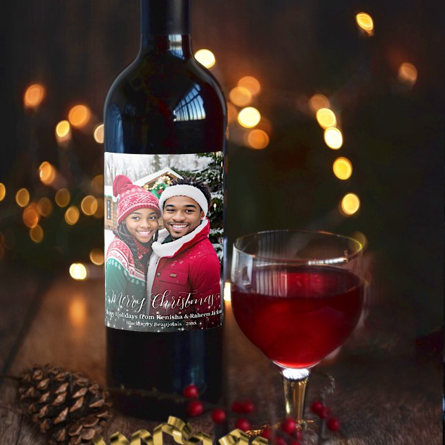Merry Christmas Festive Stars Photo Overlay Wine Label (In Situ with Decorations)