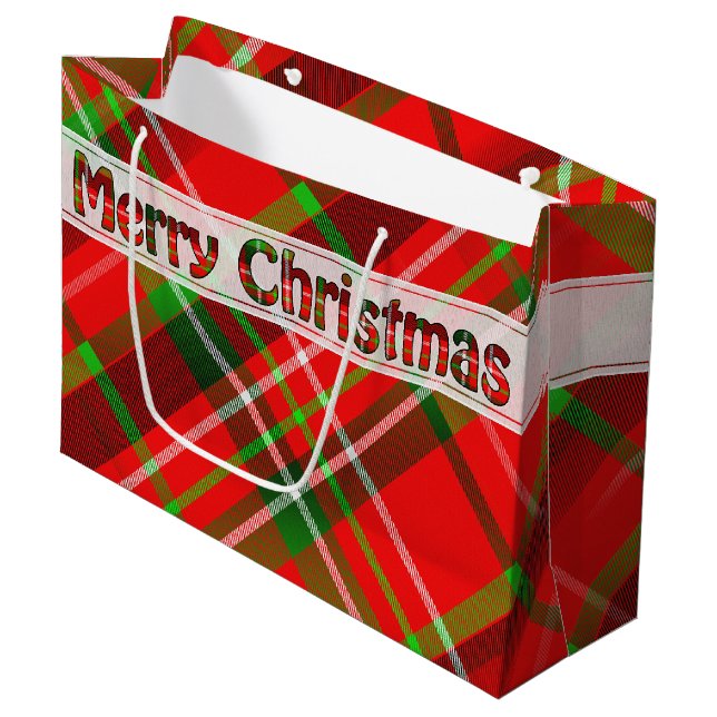 Merry Christmas  Festive Tartan Pattern Red Green Large Gift Bag (Front Angled)