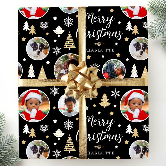 Merry Christmas Festive Trees Photo Name Black Wrapping Paper (Creator Uploaded)