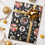 Merry Christmas Festive Trees Photo Name Black Wrapping Paper<br><div class="desc">Make your Christmas gifts truly unforgettable with custom photo wrapping paper! This editable template showcases five of your favourite photos, making it perfect for kids, friends, family, and pets. Personalise further with the recipient's name, your family name or the holiday year. It features trendy script typography and circular photo frames,...</div>
