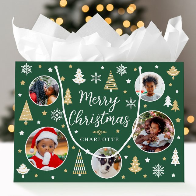 Merry Christmas Festive Trees Photo Name Green Large Gift Bag (Creator Uploaded)