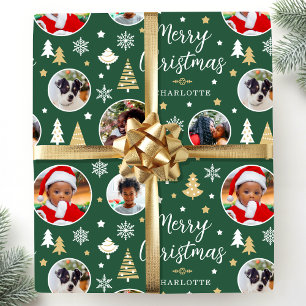 Merry Christmas Festive Trees Photo Name Green Wrapping Paper