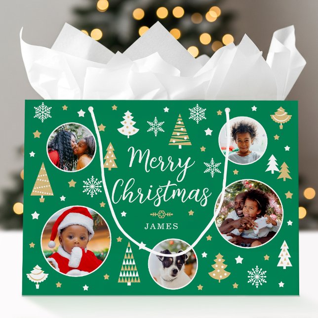 Merry Christmas Festive Trees Photo Name Mid Green Large Gift Bag (Creator Uploaded)