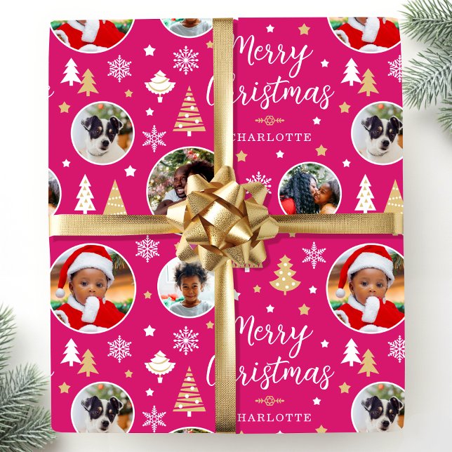 Merry Christmas Festive Trees Photo Name Pink Wrapping Paper (Creator Uploaded)