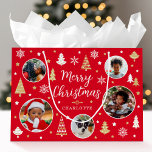 Merry Christmas Festive Trees Photo Name Red Large Gift Bag<br><div class="desc">Make your Christmas gifts truly unforgettable with custom photo gift bag! This editable template showcases five of your favourite photos, making it perfect for kids, friends, family, and pets. Personalise further with the recipient's name, your family name or the holiday year. It features trendy script typography and circular photo frames,...</div>