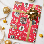 Merry Christmas Festive Trees Photo Name Red Wrapping Paper<br><div class="desc">Make your Christmas gifts truly unforgettable with custom photo wrapping paper! This editable template showcases five of your favorite photos, making it perfect for kids, friends, family, and pets. Personalize further with the recipient's name, your family name or the holiday year. It features trendy script typography and circular photo frames,...</div>