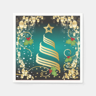 Merry Christmas Festive Turquoise Blue and Gold Napkin