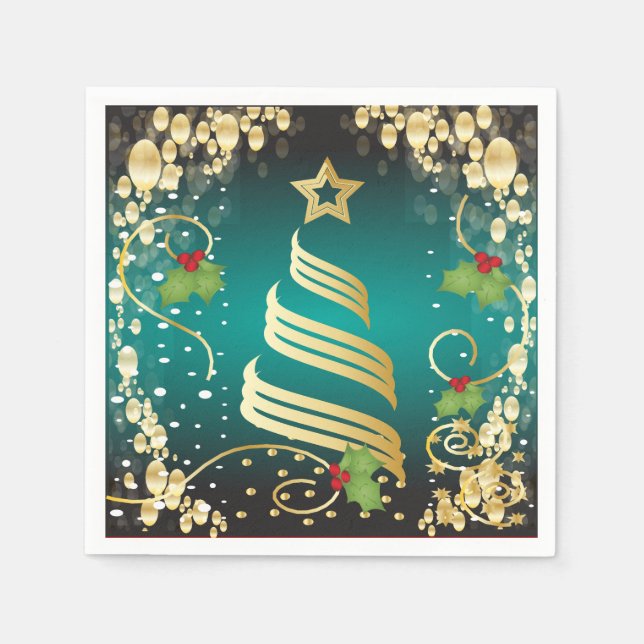 Merry Christmas Festive Turquoise Blue and Gold Napkin (Front)