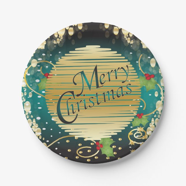 Merry Christmas Festive Turquoise Blue and Gold Paper Plate (Front)
