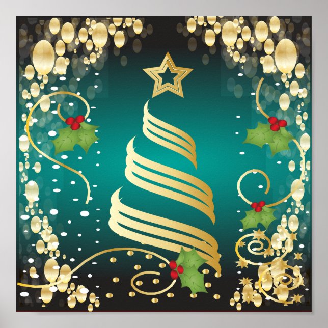 Merry Christmas Festive Turquoise Blue and Gold Poster (Front)