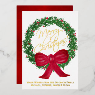 Merry Christmas! Festive Watercolor Pine Wreath Foil Holiday Card