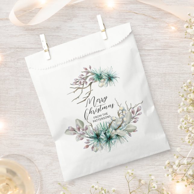 Merry Christmas Festive Winter Holiday Floral Name Favour Bags (Clipped)