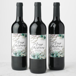 Merry Christmas Festive Winter Holidays Floral Wine Label