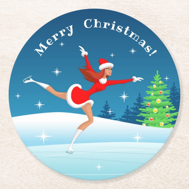 Merry Christmas Figure Skating Girl Paper Coaster (Front)