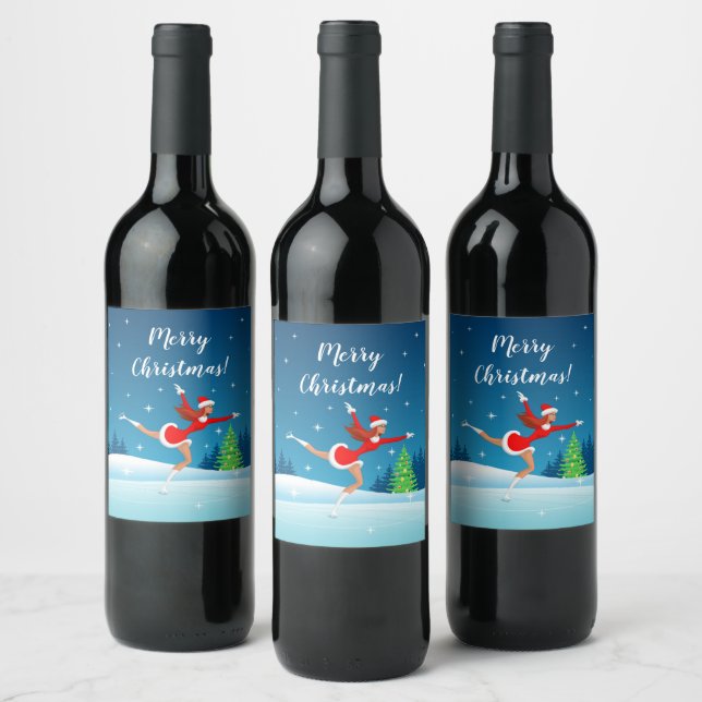 Merry Christmas Figure Skating Santa Girl Wine Label (Bottles)
