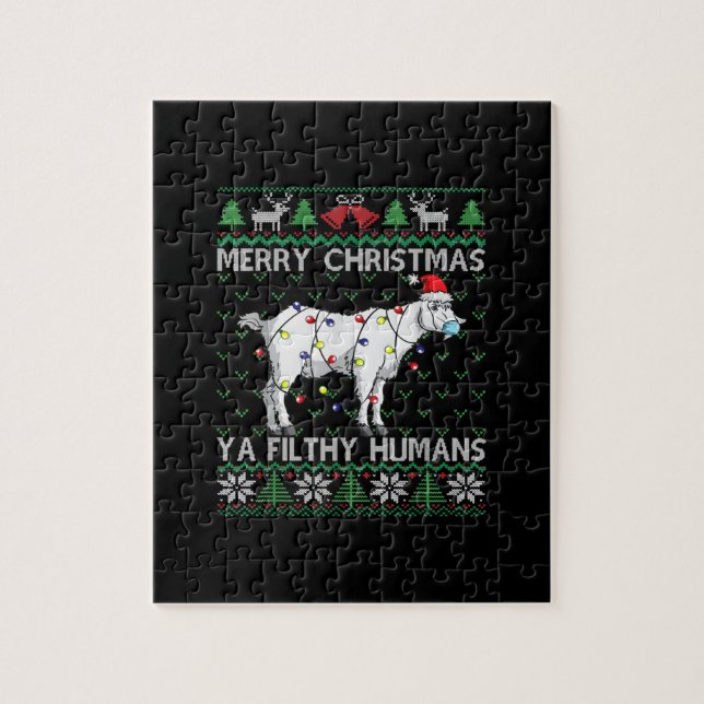 Merry Christmas Filthy Humans Goat Ugly Christmas Jigsaw Puzzle (Vertical)