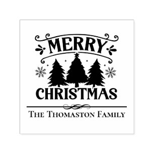 Merry Christmas Fir Trees Snowflakes Family Name Self-inking Stamp