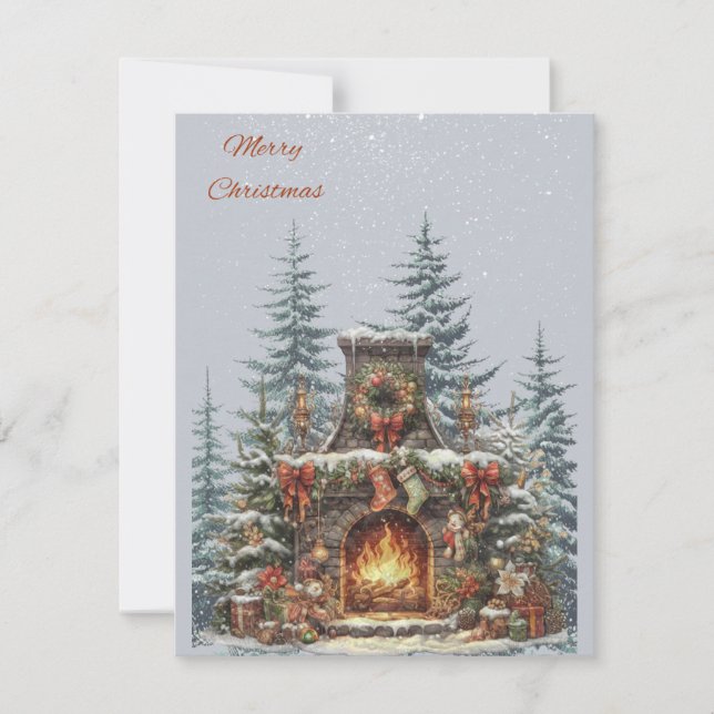 Merry Christmas fireplace in the woods card (Front)