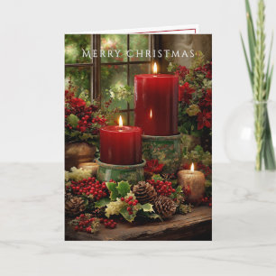Merry Christmas Fireplace Red Candles Pine Cones Card