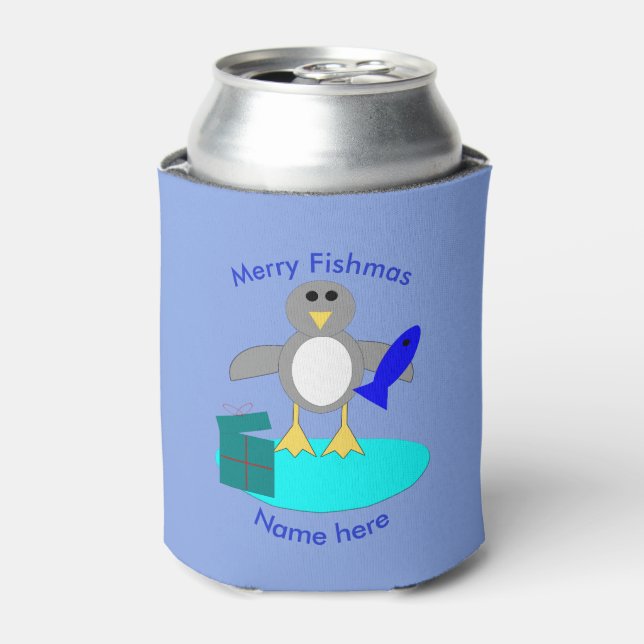 Merry Christmas Fishing Penguin Can Cooler (Can Front)