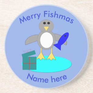 Merry Christmas Fishing Penguin Coasters