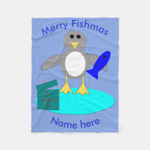 Merry Christmas Fishing Penguin Fleece Blanket