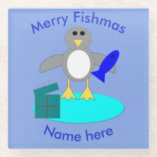 Merry Christmas Fishing Penguin Glass Coaster