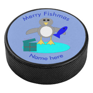 Merry Christmas Fishing Penguin Hockey Puck