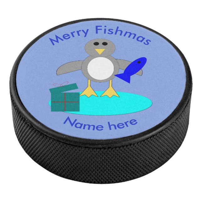Merry Christmas Fishing Penguin Hockey Puck (3/4)