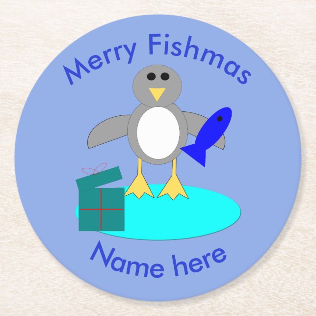 Merry Christmas Fishing Penguin Paper Coasters (Front)