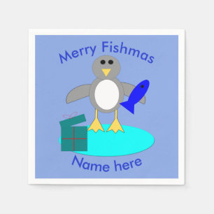 Merry Christmas Fishing Penguin Paper Napkins