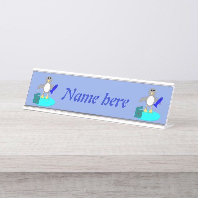 Merry Christmas Fishing Penguin Personalised Desk Name Plate (Front)