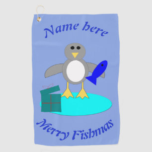Merry Christmas Fishing Penguin Personalised Golf Towel