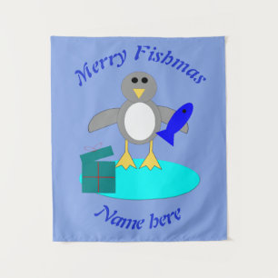 Merry Christmas Fishing Penguin Personalised Tapestry