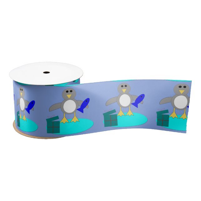 Merry Christmas Fishing Penguin Ribbon Satin Ribbon (Spool)