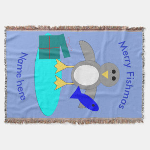 Merry Christmas Fishing Penguin Throw Blanket