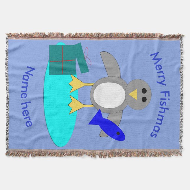 Merry Christmas Fishing Penguin Throw Blanket (Front)