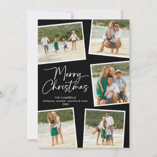 Merry Christmas Five Photo Collage Black Holiday Card