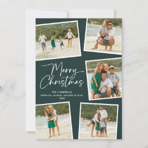 Merry Christmas Five Photo Collage Forest Green Holiday Card
