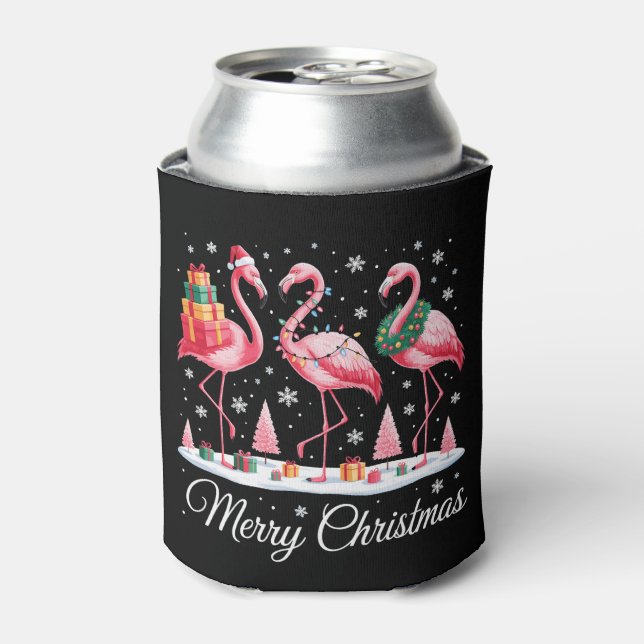 Merry Christmas Flamingo Light Santa Hat Xmas Can Cooler (Can Front)