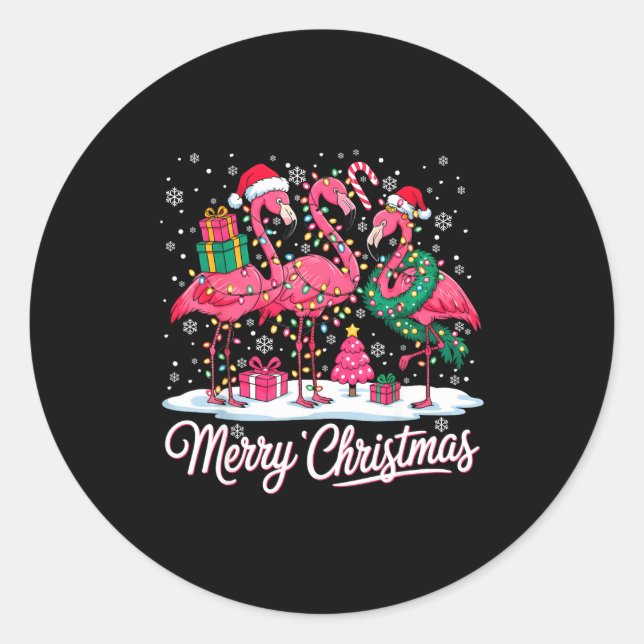 Merry Christmas Flamingo Lights Santa Hat Snow Xma Classic Round Sticker (Front)