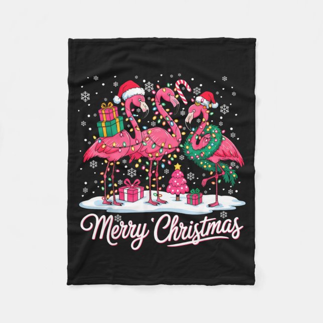 Merry Christmas Flamingo Lights Santa Hat Snow Xma Fleece Blanket (Front)