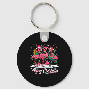 Merry Christmas Flamingo Lights Santa Hat Snow Xma Key Ring