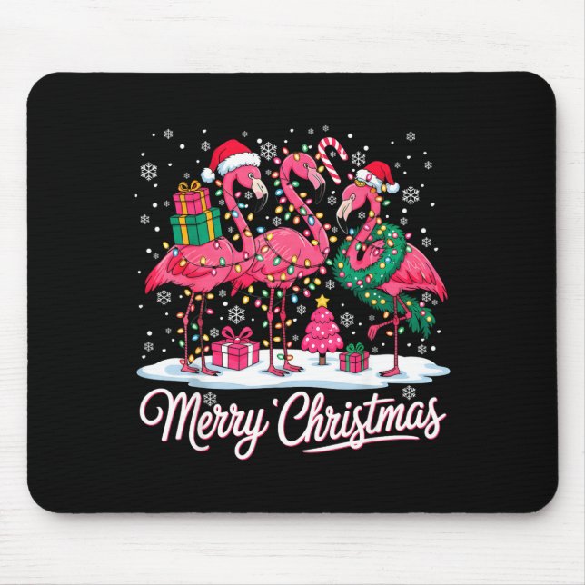 Merry Christmas Flamingo Lights Santa Hat Snow Xma Mouse Mat (Front)