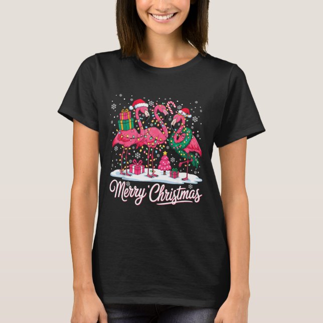 Merry Christmas Flamingo Lights Santa Hat Snow Xma T-Shirt (Front)