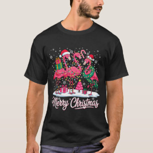 Merry Christmas Flamingo Lights Santa Hat Snow Xma T-Shirt