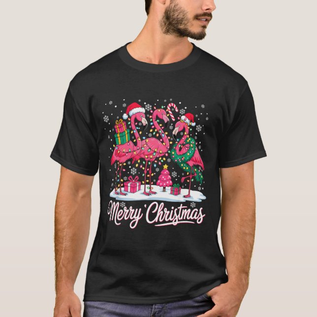 Merry Christmas Flamingo Lights Santa Hat Snow Xma T-Shirt (Front)